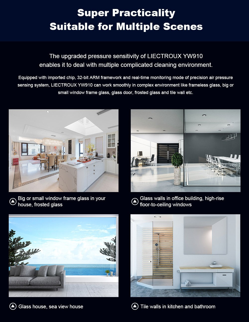 Liectroux YW910 robotický čistič oken, dvojitý vodní sprej, sací výkon 3000 Pa, laserový senzor, ovládání aplikací a dálkovým ovládáním, paměťová funkce