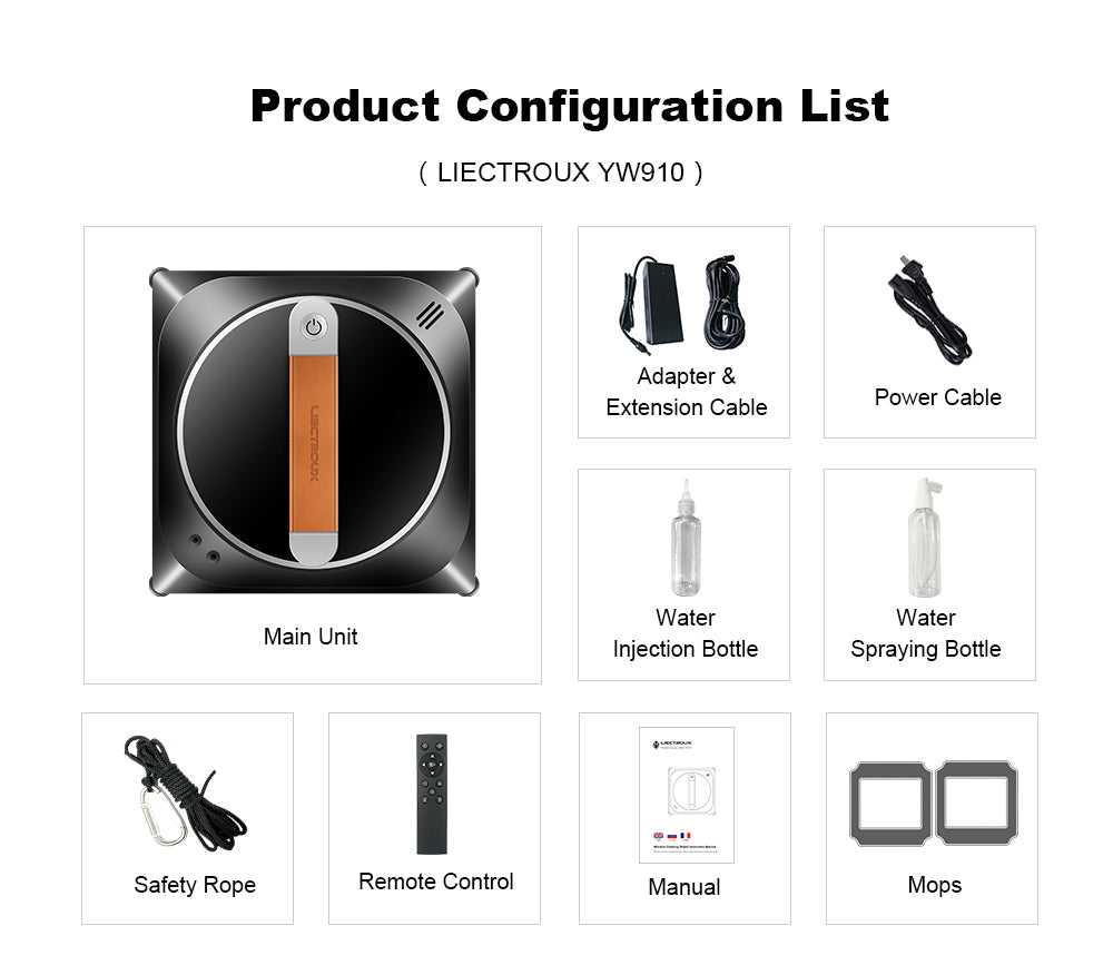 Liectroux YW910 robotický čistič oken, dvojitý vodní sprej, sací výkon 3000 Pa, laserový senzor, ovládání aplikací a dálkovým ovládáním, paměťová funkce