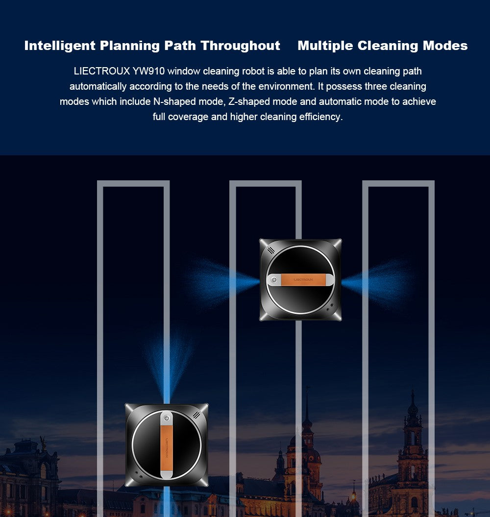 Liectroux YW910 robotický čistič oken, dvojitý vodní sprej, sací výkon 3000 Pa, laserový senzor, ovládání aplikací a dálkovým ovládáním, paměťová funkce