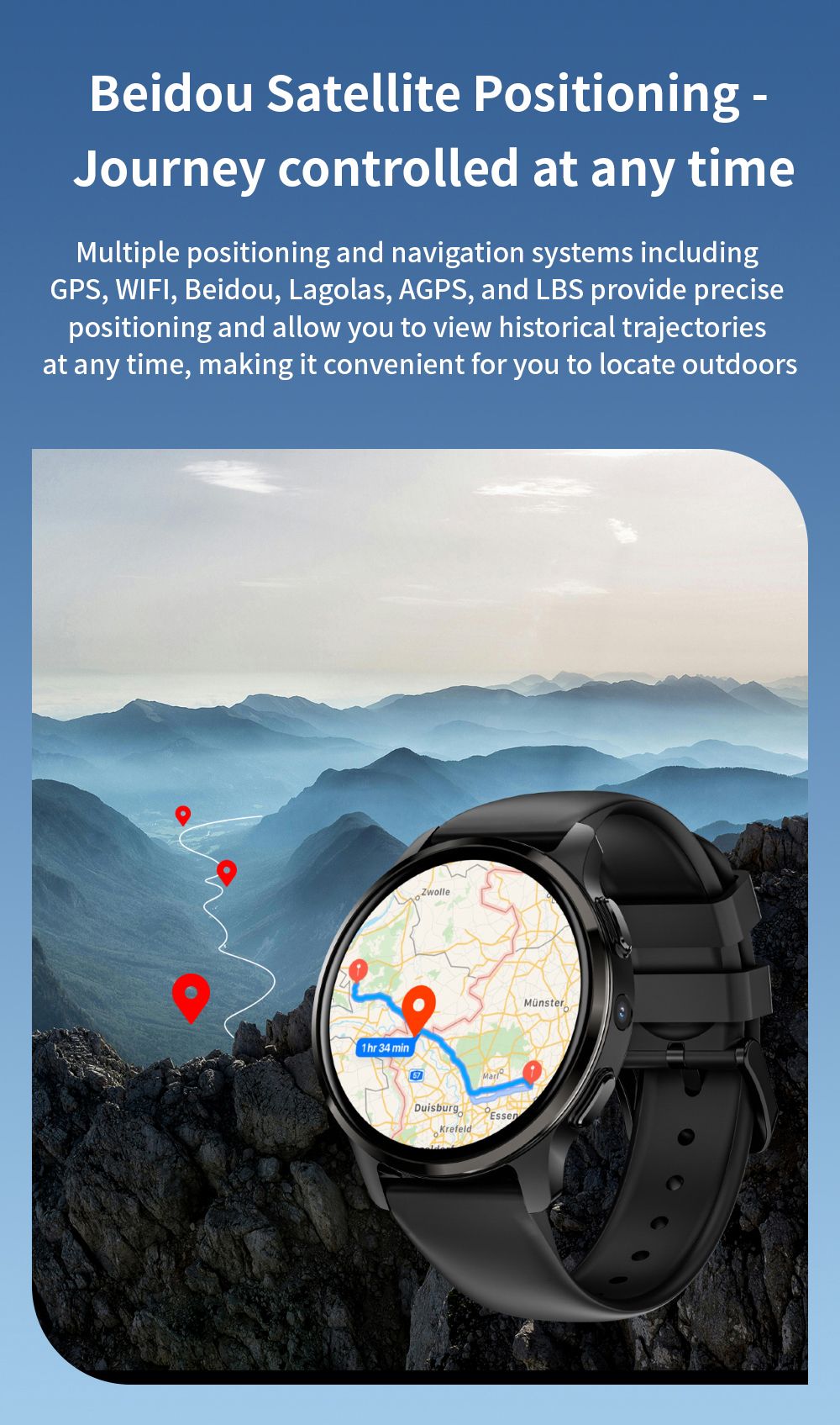 Chytré hodinky LOKMAT APPLLP 2, 1,508palcový AMOLED displej, podpora 4G SIM karet, Android 8.1, NFC přístup, nepřetržité sledování zdraví, více sportovních režimů