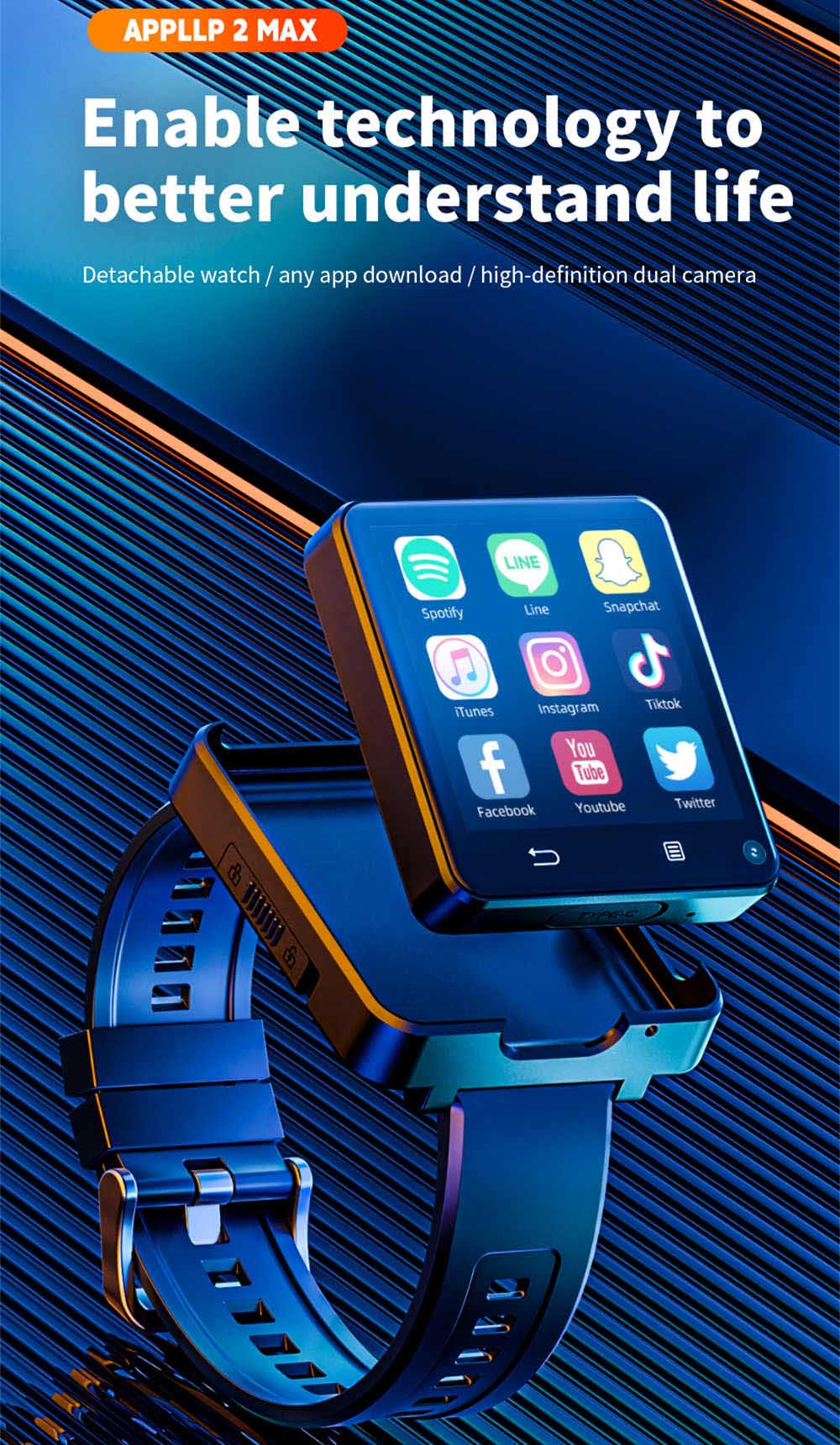 Odnímatelné chytré hodinky LOKMAT APPLLP 2 MAX, 2,64palcový displej, Android 11, podpora SIM karet 4G/5G, připojení Bluetooth, GPS určování polohy, baterie 1200 mAh