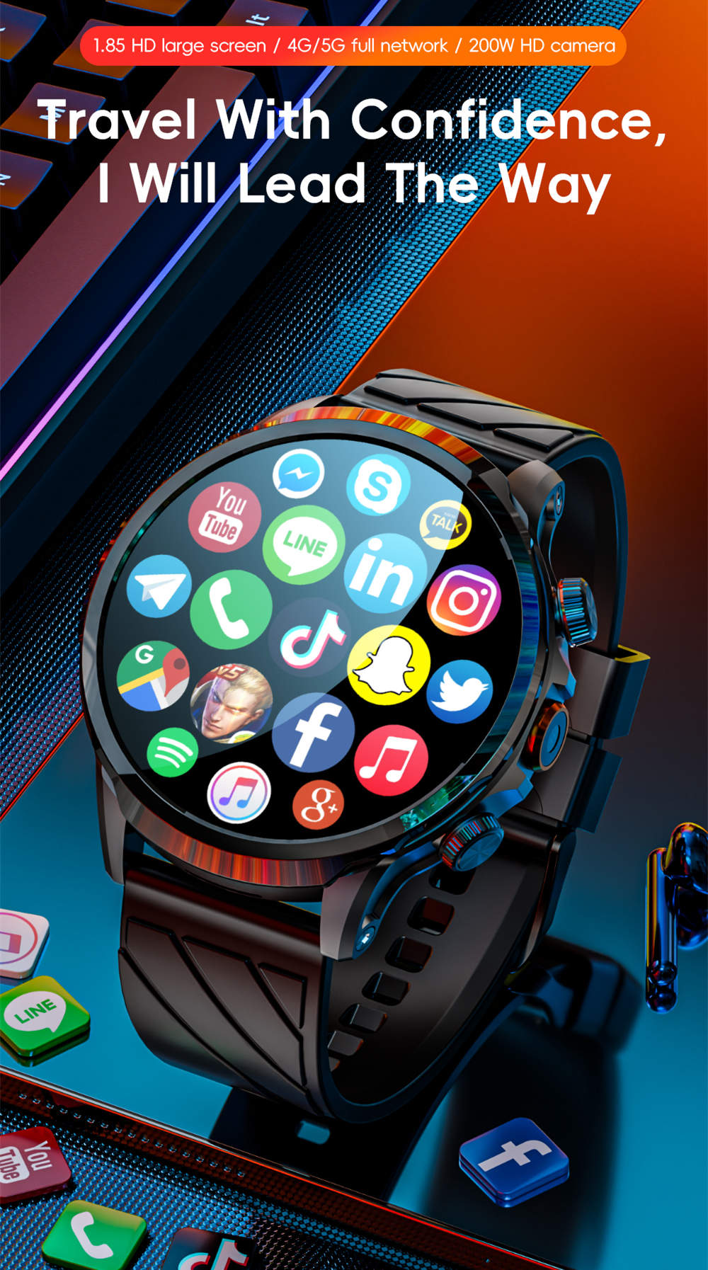 Chytré hodinky LOKMAT APPLLP 8 Pro, Android 8.1, 1,85" HD TFT displej, 4G volání, NFC přístup, monitorování tepové frekvence a kyslíku v krvi