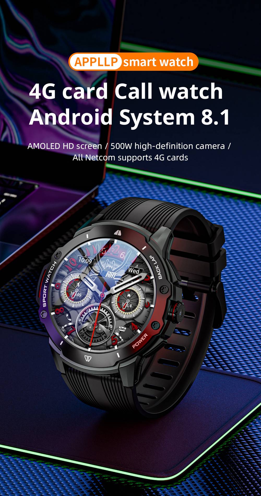 Chytré hodinky LOKMAT APPLLP 4G, AMOLED HD displej, NFC přístup, monitorování tepové frekvence, Bluetooth 4.2, více sportovních režimů, GPS/Beidou/Granas/AGPS/LBS polohování