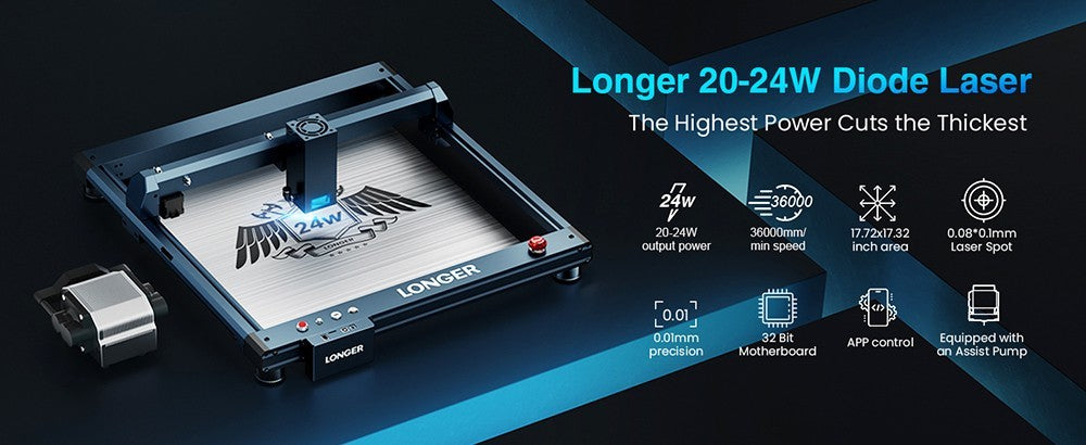 Delší laserová gravírovací řezačka B1 20W, 4jádrová laserová hlava, gravírovací plocha 450 x 440 mm