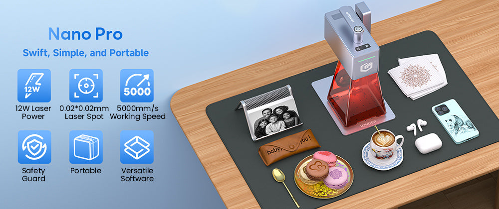 Přenosný laserový gravírovací stroj LONGER Nano Pro 12W, dva diodové lasery s FAC, ultrarychlá rychlost 5000 mm/s, přesnost 0,02 mm s čočkou Field Lens, LightBurn a LaserGRBL a LaserBurn, řezání dřeva 10 mm, 100*100 mm