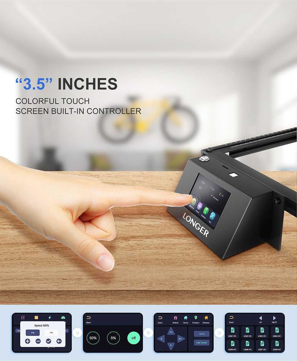 Laserový gravírovací stroj LONGER RAY5 10W, laserový bod 0,06x0,06 mm, dotyková obrazovka, offline gravírování, 32bitový čipset, WiFi připojení, pracovní plocha 400x400 mm