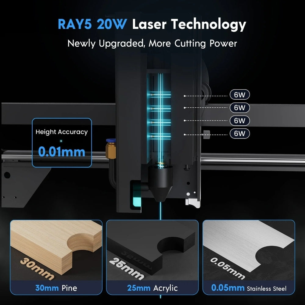 Laserová gravírka/řezačka LONGER RAY5 20W, pevné zaostření, laserový bod 0,08*0,1 mm, barevná dotyková obrazovka, 32bitový čipset, podpora připojení k aplikaci, pracovní plocha 375*375 mm
