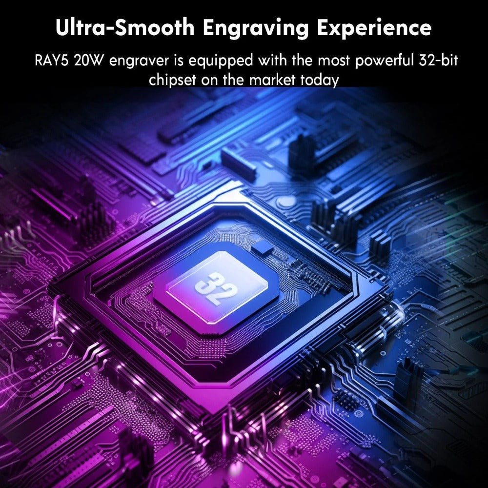Laserová gravírka/řezačka LONGER RAY5 20W, pevné zaostření, laserový bod 0,08*0,1 mm, barevná dotyková obrazovka, 32bitový čipset, podpora připojení k aplikaci, pracovní plocha 375*375 mm