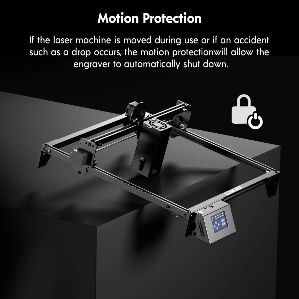 Laserová gravírka/řezačka LONGER RAY5 20W, pevné zaostření, laserový bod 0,08*0,1 mm, barevná dotyková obrazovka, 32bitový čipset, podpora připojení k aplikaci, pracovní plocha 375*375 mm
