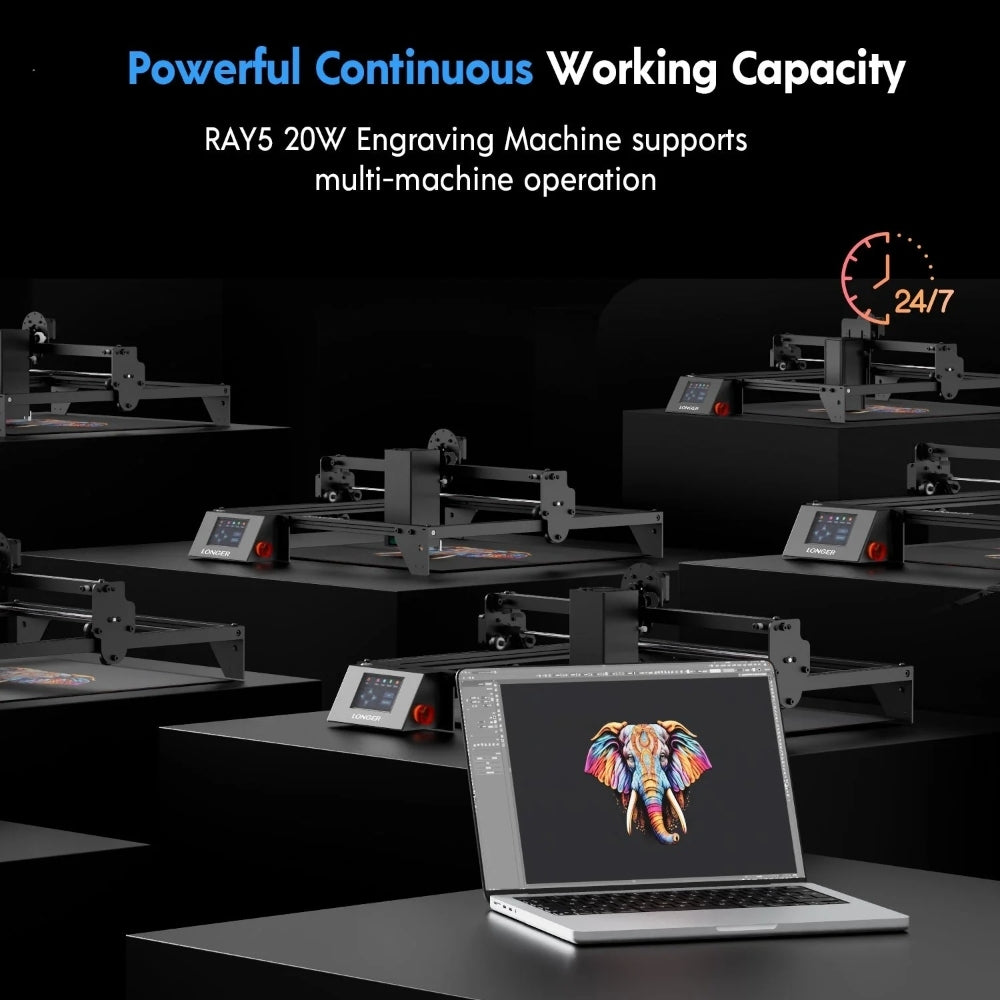 Laserová gravírka/řezačka LONGER RAY5 20W, pevné zaostření, laserový bod 0,08*0,1 mm, barevná dotyková obrazovka, 32bitový čipset, podpora připojení k aplikaci, pracovní plocha 375*375 mm
