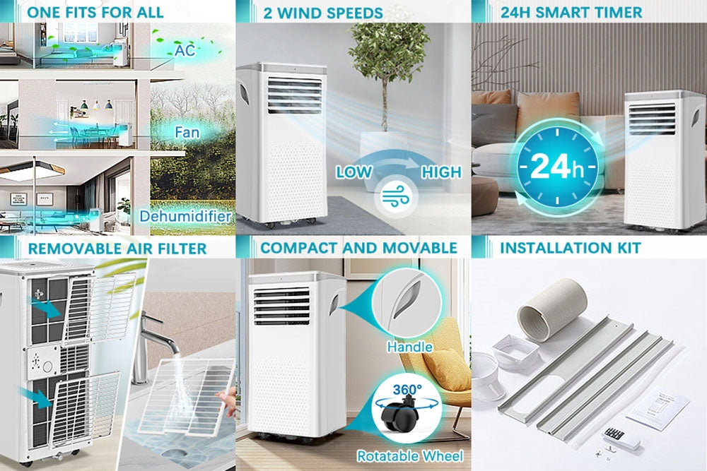 Přenosná klimatizace a odvlhčovač LUKO A011D1-7K 3 v 1, chladicí výkon 7000 BTU, 2 rychlosti větru, 24hodinový časovač, nízká hlučnost, dálkové ovládání