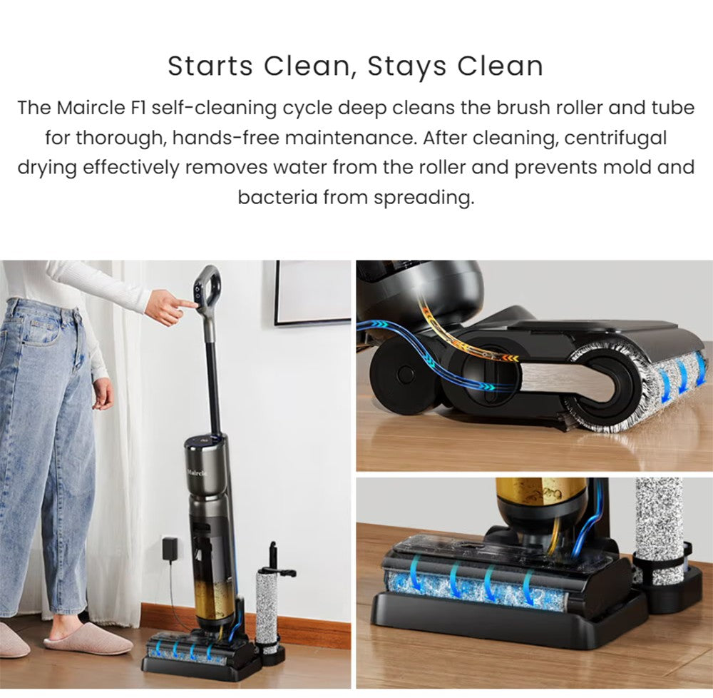 Bezdrátový mokro-suchý vysavač Maircle F1, sací výkon 16 kPa, doba provozu 35 minut, LED displej, samojízdný a samočisticí, hlasové pokyny, na dřevěné podlahy a lepkavé nečistoty