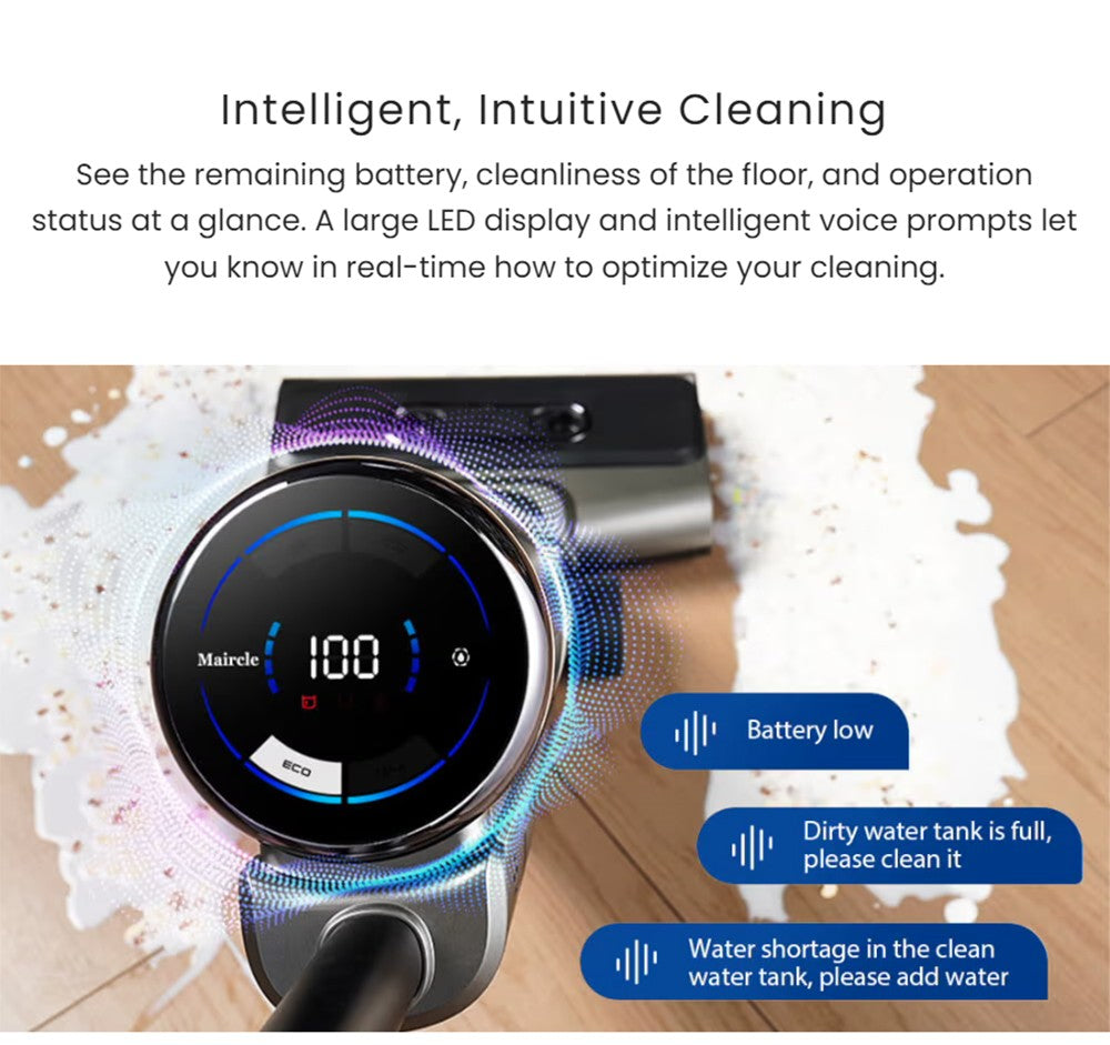 Bezdrátový mokro-suchý vysavač Maircle F1, sací výkon 16 kPa, doba provozu 35 minut, LED displej, samojízdný a samočisticí, hlasové pokyny, na dřevěné podlahy a lepkavé nečistoty