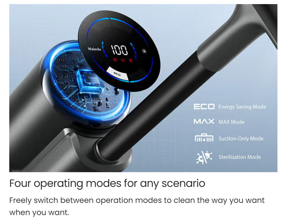 Bezdrátový mokro-suchý vysavač Maircle F1, sací výkon 16 kPa, doba provozu 35 minut, LED displej, samojízdný a samočisticí, hlasové pokyny, na dřevěné podlahy a lepkavé nečistoty