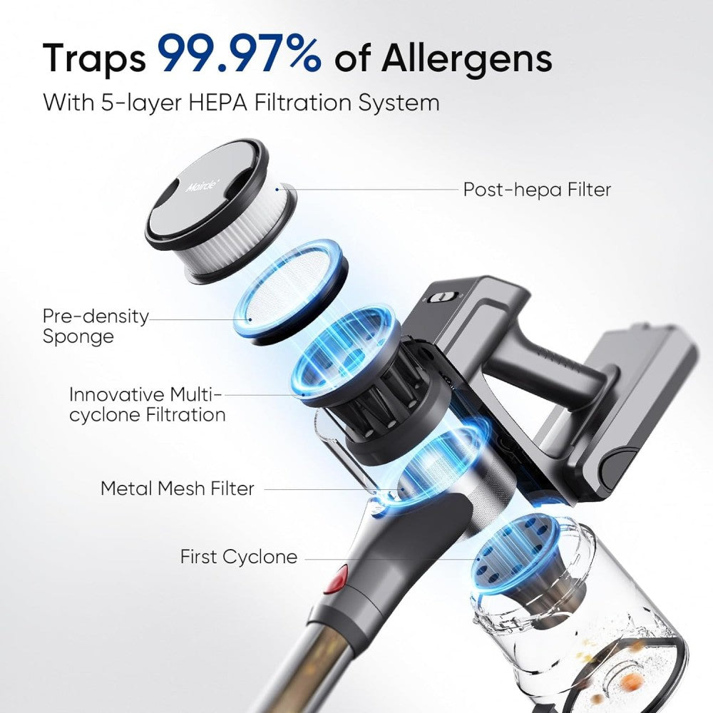 Bezdrátový vysavač Maircle S3-Pro B, s dobíjecí základnou, technologií zeleného světla, výdrží baterie 70 minut, nízkou hlučností ≤72 dB, kartáčem proti zamotání, LED displejem