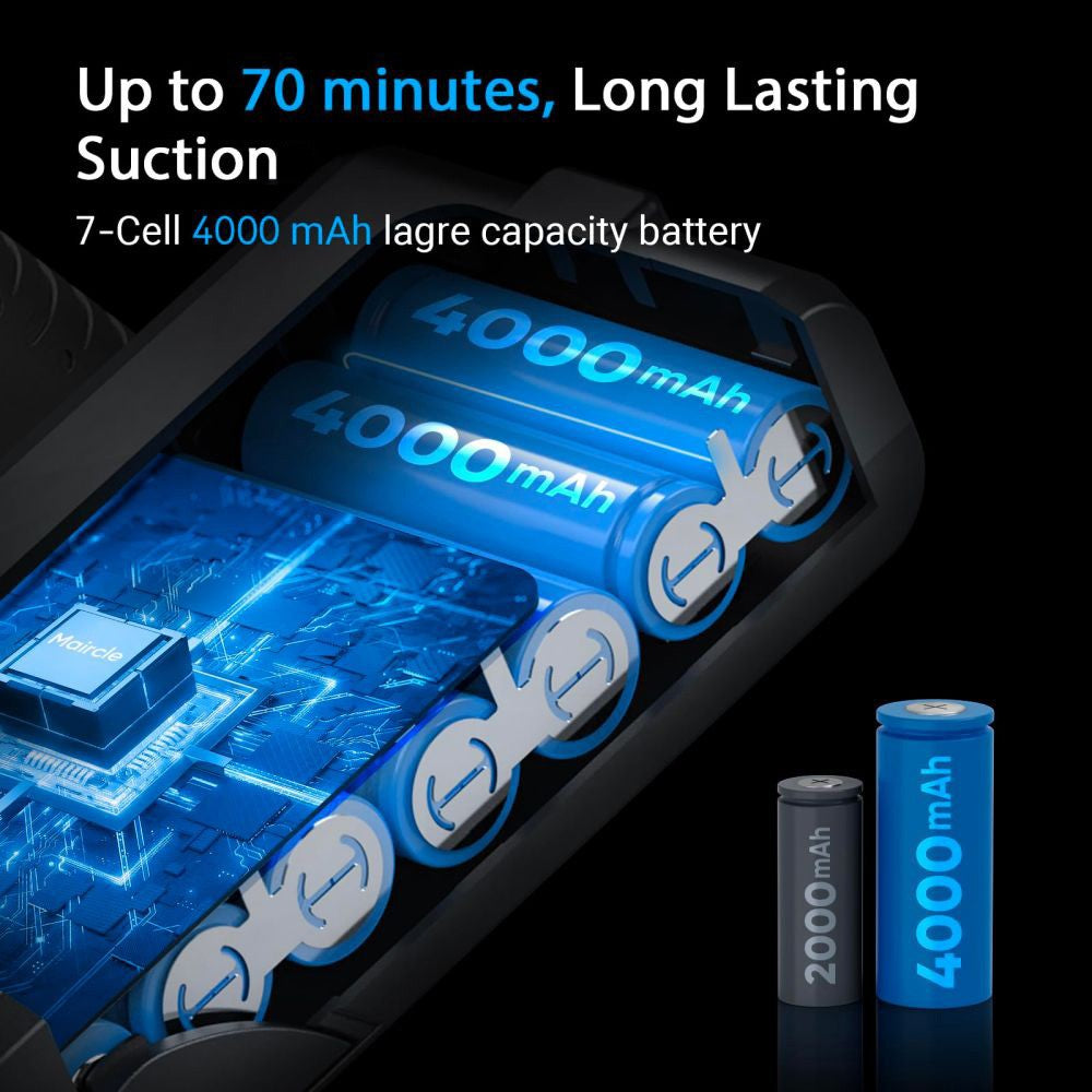 Bezdrátový vysavač Maircle S3 Pro, s úložným a nabíjecím dokem 2 v 1, doba provozu 70 minut, sací výkon 35 kPa, zelené LED světlomety, bezkartáčový motor 210 W, pro tvrdé podlahy, koberce a zvířecí chlupy.