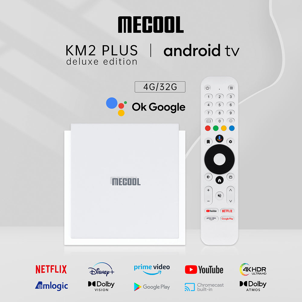 MECOOL KM2 PLUS Deluxe TV Box, Android 11, 4K HDR výstup, čtyřjádrový procesor Amlogic S905X4-J, 4GB RAM 32GB ROM, WiFi 6 Bluetooth 5.0, Dolby Vision a Dolby Atmos, 2*USB 2.0, 1*HDMI, 1*AV, 1*LAN, 1*slot pro TF kartu, 1*optický SPDIF, 1*port pro sluchátka - zástrčka EU