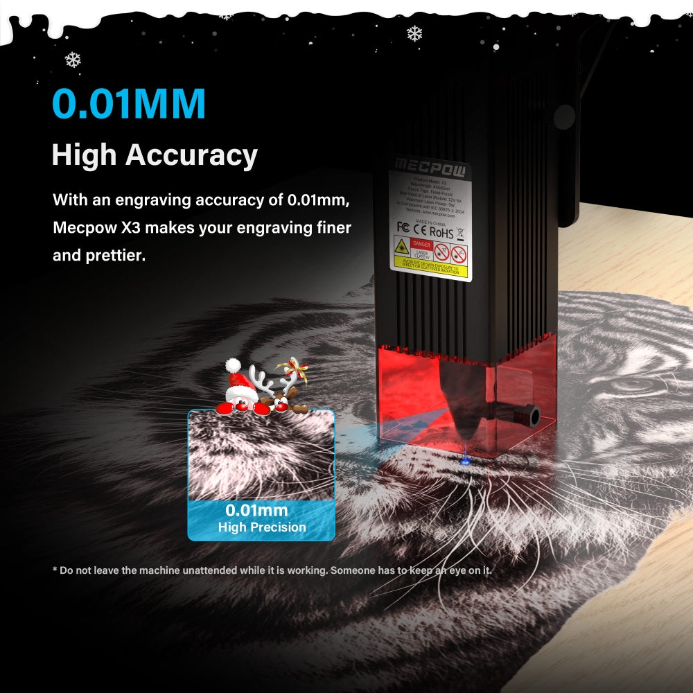 Laserový gravírovací stroj Mecpow X3, výkon laseru 5 W, pevné zaostření, přesnost 0,01 mm, rychlost gravírování 10 000 mm/min, bezpečnostní zámek, nouzové zastavení, detekce plamene, gyroskopický senzor, 410 x 400 mm - zástrčka EU