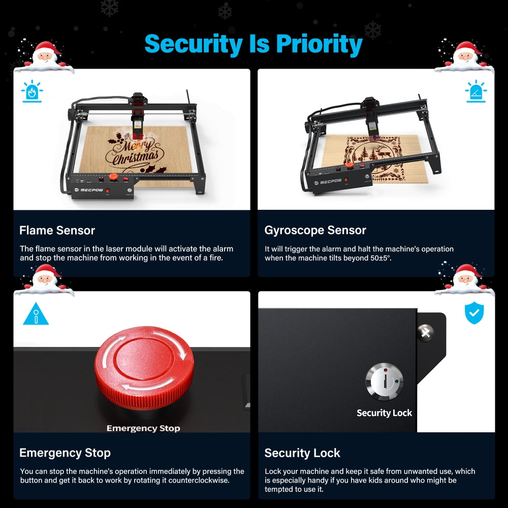 Laserový gravírovací stroj Mecpow X3, výkon laseru 5 W, pevné zaostření, přesnost 0,01 mm, rychlost gravírování 10 000 mm/min, bezpečnostní zámek, nouzové zastavení, detekce plamene, gyroskopický senzor, 410 x 400 mm - zástrčka EU