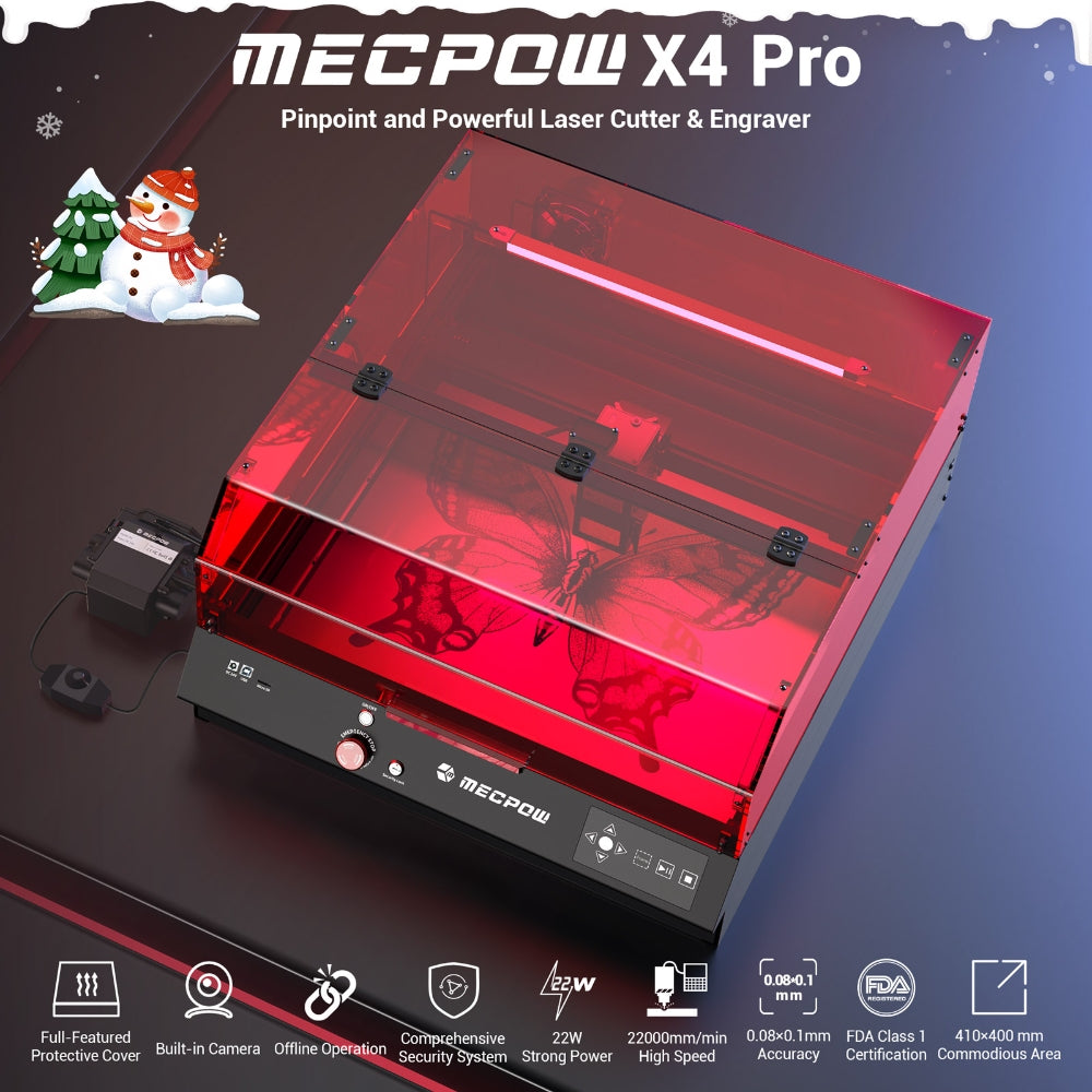 Laserová gravírka Mecpow X4 Pro 22W s ochranným krytem a integrovaným vzduchovým asistentem, laserový bod 0,08x0,1 mm, rychlost gravírování 22000 mm/min, nouzové zastavení, práce offline, podpora LightBurn/LaserGRBL/MKSLaser, 410*400 mm