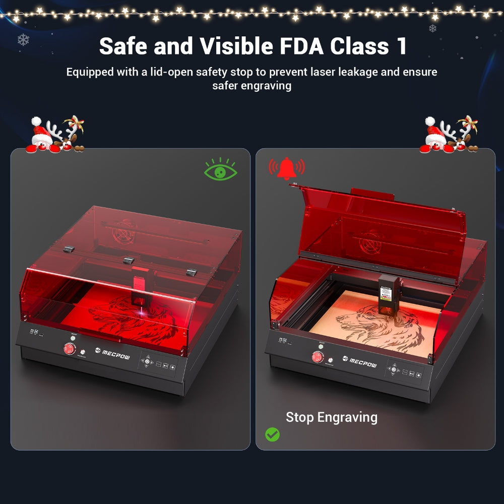Laserová gravírka Mecpow X4 Pro 22W s ochranným krytem a integrovaným vzduchovým asistentem, laserový bod 0,08x0,1 mm, rychlost gravírování 22000 mm/min, nouzové zastavení, práce offline, podpora LightBurn/LaserGRBL/MKSLaser, 410*400 mm
