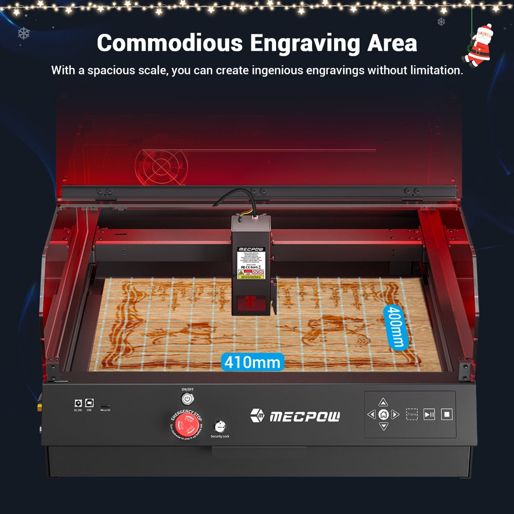 Laserová gravírka Mecpow X4 Pro 22W s ochranným krytem a integrovaným vzduchovým asistentem, laserový bod 0,08x0,1 mm, rychlost gravírování 22000 mm/min, nouzové zastavení, práce offline, podpora LightBurn/LaserGRBL/MKSLaser, 410*400 mm