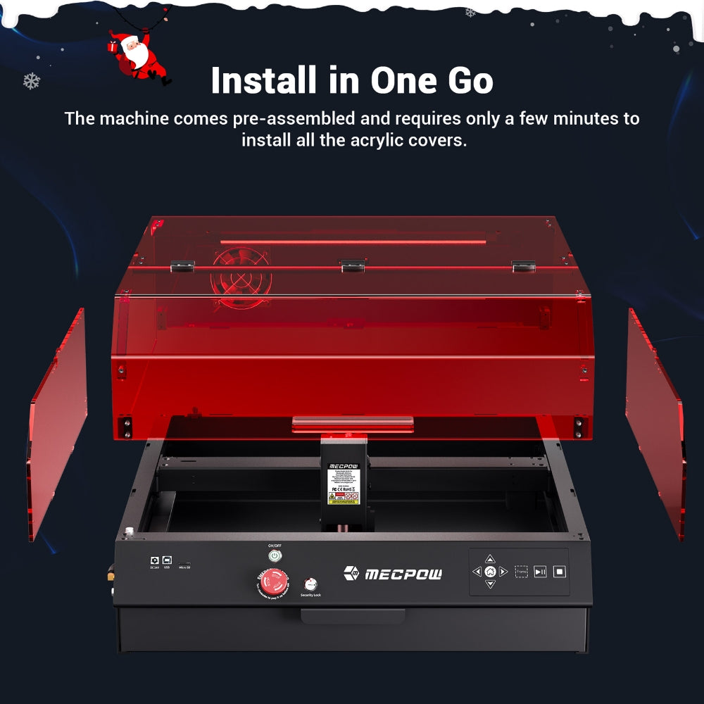 Laserová gravírka Mecpow X4 Pro 22W s ochranným krytem a integrovaným vzduchovým asistentem, laserový bod 0,08x0,1 mm, rychlost gravírování 22000 mm/min, nouzové zastavení, práce offline, podpora LightBurn/LaserGRBL/MKSLaser, 410*400 mm