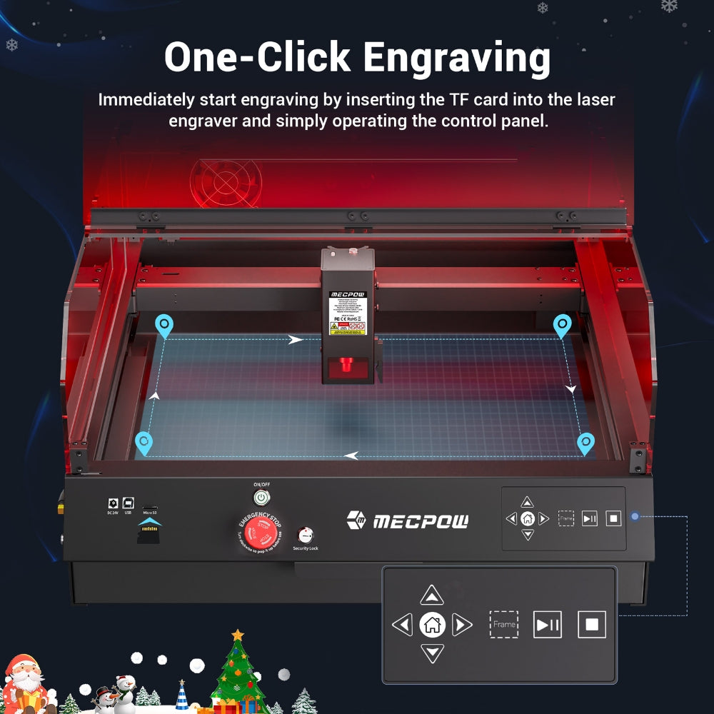 Laserová gravírka Mecpow X4 Pro 22W s ochranným krytem a integrovaným vzduchovým asistentem, laserový bod 0,08x0,1 mm, rychlost gravírování 22000 mm/min, nouzové zastavení, práce offline, podpora LightBurn/LaserGRBL/MKSLaser, 410*400 mm