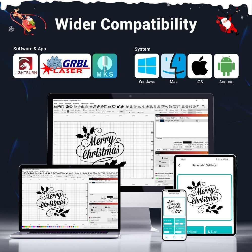 Laserová gravírka Mecpow X4 Pro 22W s ochranným krytem a integrovaným vzduchovým asistentem, laserový bod 0,08x0,1 mm, rychlost gravírování 22000 mm/min, nouzové zastavení, práce offline, podpora LightBurn/LaserGRBL/MKSLaser, 410*400 mm