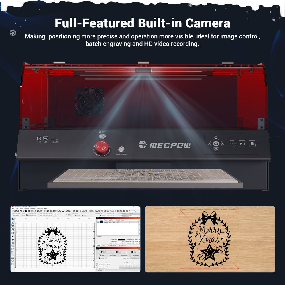 Laserová gravírka Mecpow X4 Pro 22W s ochranným krytem a integrovaným vzduchovým asistentem, laserový bod 0,08x0,1 mm, rychlost gravírování 22000 mm/min, nouzové zastavení, práce offline, podpora LightBurn/LaserGRBL/MKSLaser, 410*400 mm