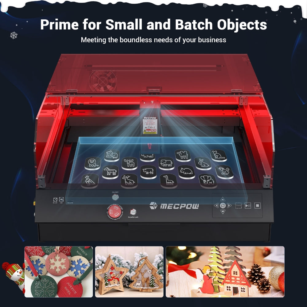 Laserová gravírka Mecpow X4 Pro 22W s ochranným krytem a integrovaným vzduchovým asistentem, laserový bod 0,08x0,1 mm, rychlost gravírování 22000 mm/min, nouzové zastavení, práce offline, podpora LightBurn/LaserGRBL/MKSLaser, 410*400 mm