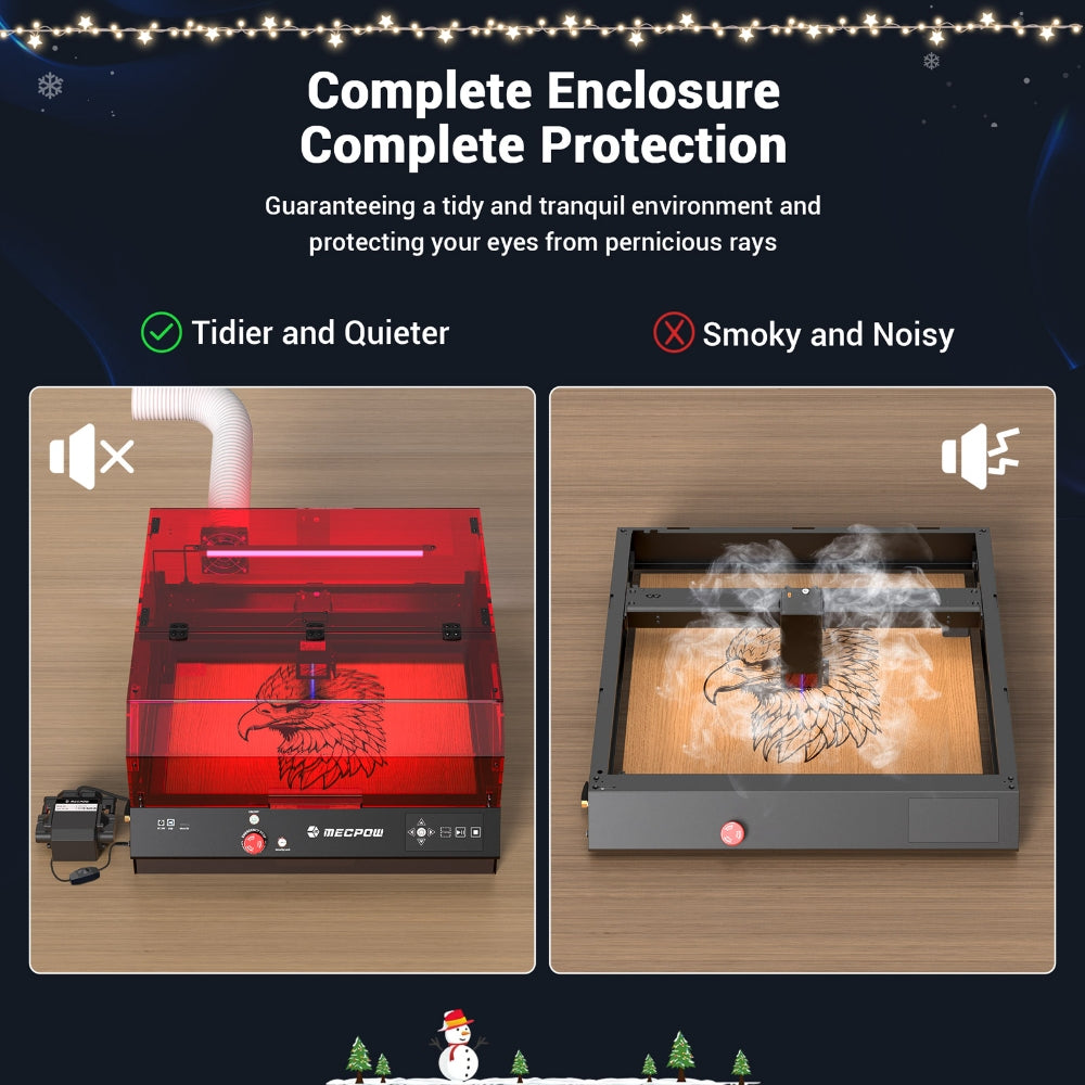 Laserová gravírka Mecpow X4 Pro 22W s ochranným krytem a integrovaným vzduchovým asistentem, laserový bod 0,08x0,1 mm, rychlost gravírování 22000 mm/min, nouzové zastavení, práce offline, podpora LightBurn/LaserGRBL/MKSLaser, 410*400 mm
