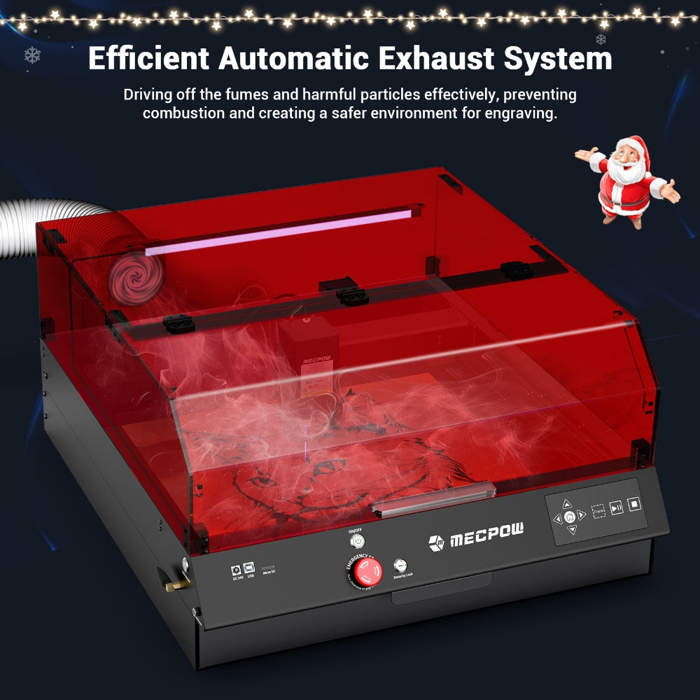 Laserová gravírka Mecpow X4 Pro 22W s ochranným krytem a integrovaným vzduchovým asistentem, laserový bod 0,08x0,1 mm, rychlost gravírování 22000 mm/min, nouzové zastavení, práce offline, podpora LightBurn/LaserGRBL/MKSLaser, 410*400 mm