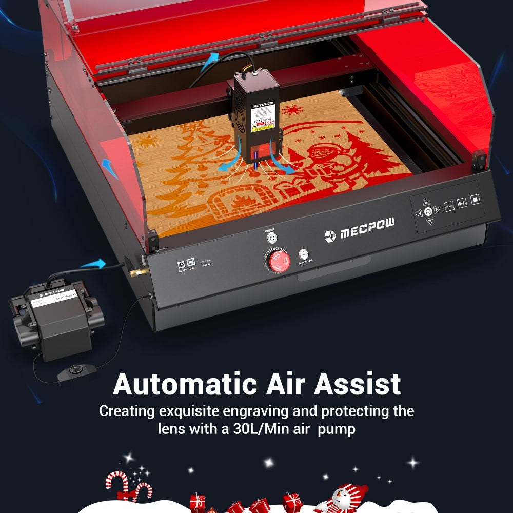 Laserová gravírka Mecpow X4 Pro 22W s ochranným krytem a integrovaným vzduchovým asistentem, laserový bod 0,08x0,1 mm, rychlost gravírování 22000 mm/min, nouzové zastavení, práce offline, podpora LightBurn/LaserGRBL/MKSLaser, 410*400 mm