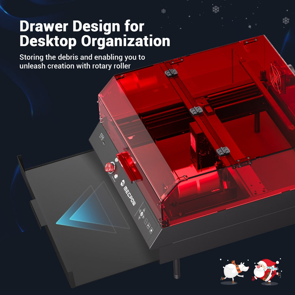 Laserová gravírka Mecpow X4 Pro 22W s ochranným krytem a integrovaným vzduchovým asistentem, laserový bod 0,08x0,1 mm, rychlost gravírování 22000 mm/min, nouzové zastavení, práce offline, podpora LightBurn/LaserGRBL/MKSLaser, 410*400 mm