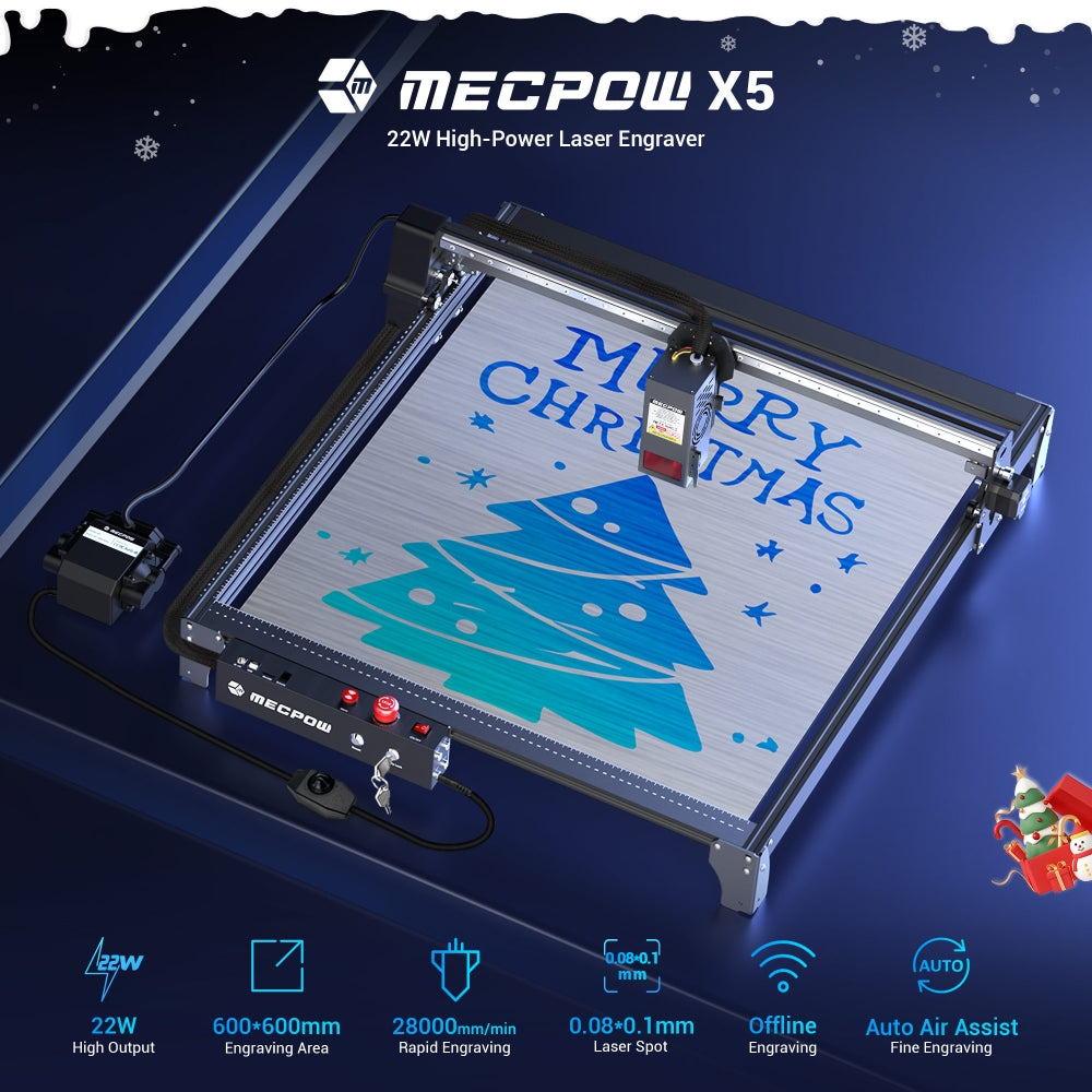 Laserová gravírka a řezačka Mecpow X5, výkon laseru 22 W, automatická vzduchová asistence, laserový bod 0,08 x 0,1 mm, rychlost gravírování 28 000 mm/min, bezpečnostní zámek, nouzové zastavení, detekce plamene, offline gravírování, 600 x 600 mm