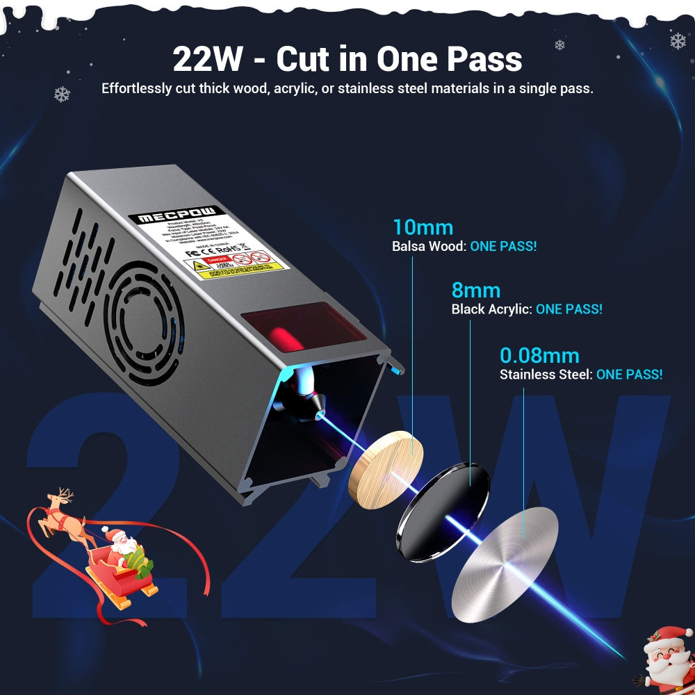 Laserová gravírka a řezačka Mecpow X5, výkon laseru 22 W, automatická vzduchová asistence, laserový bod 0,08 x 0,1 mm, rychlost gravírování 28 000 mm/min, bezpečnostní zámek, nouzové zastavení, detekce plamene, offline gravírování, 600 x 600 mm