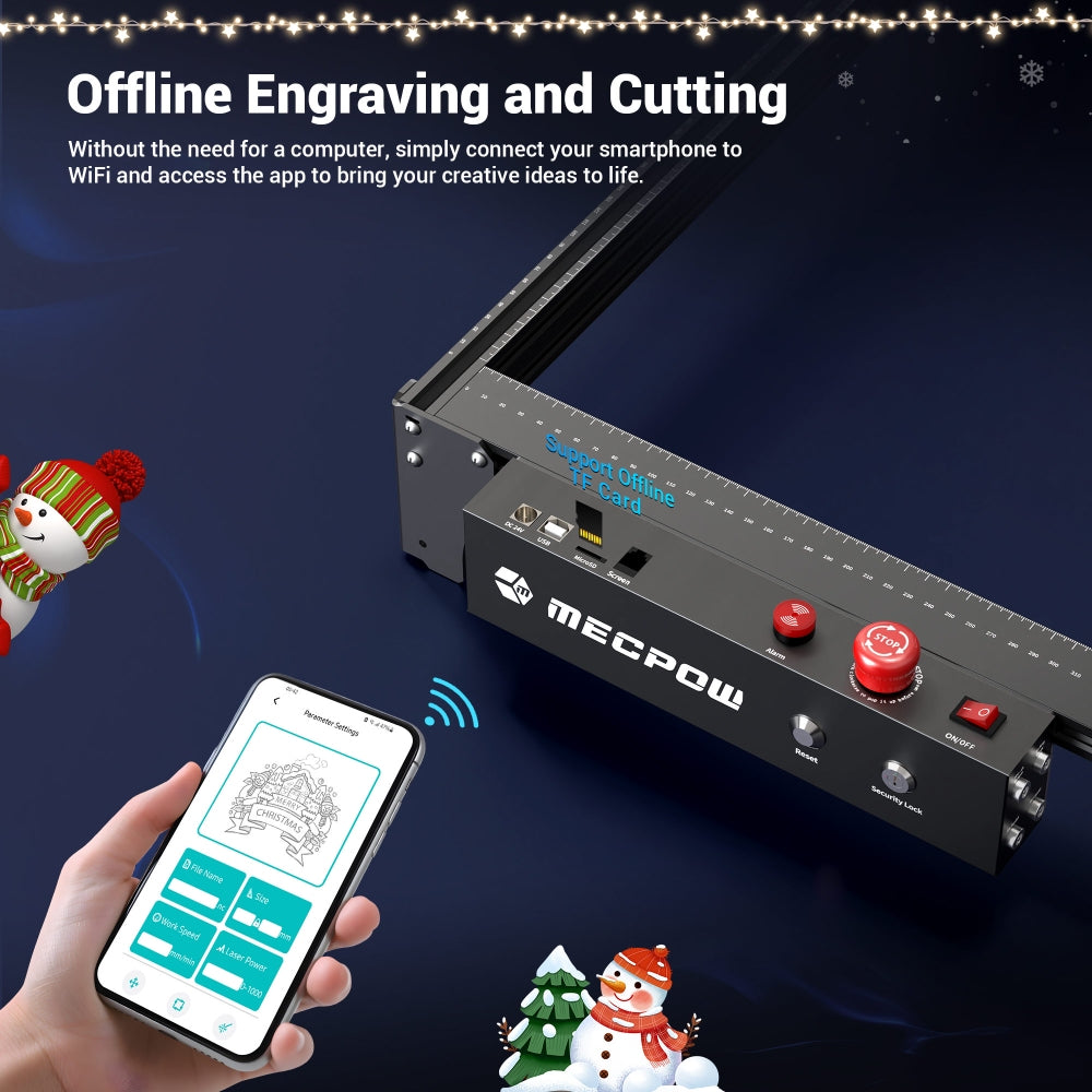 Laserová gravírka/řezačka Mecpow X5 Pro, výkon laseru 33 W, automatická vzduchová asistence, laserový bod 0,08 x 0,1 mm, rychlost gravírování 28 000 mm/min, bezpečnostní zámek, nouzové zastavení, detekce plamene, offline gravírování, 600 x 600 mm