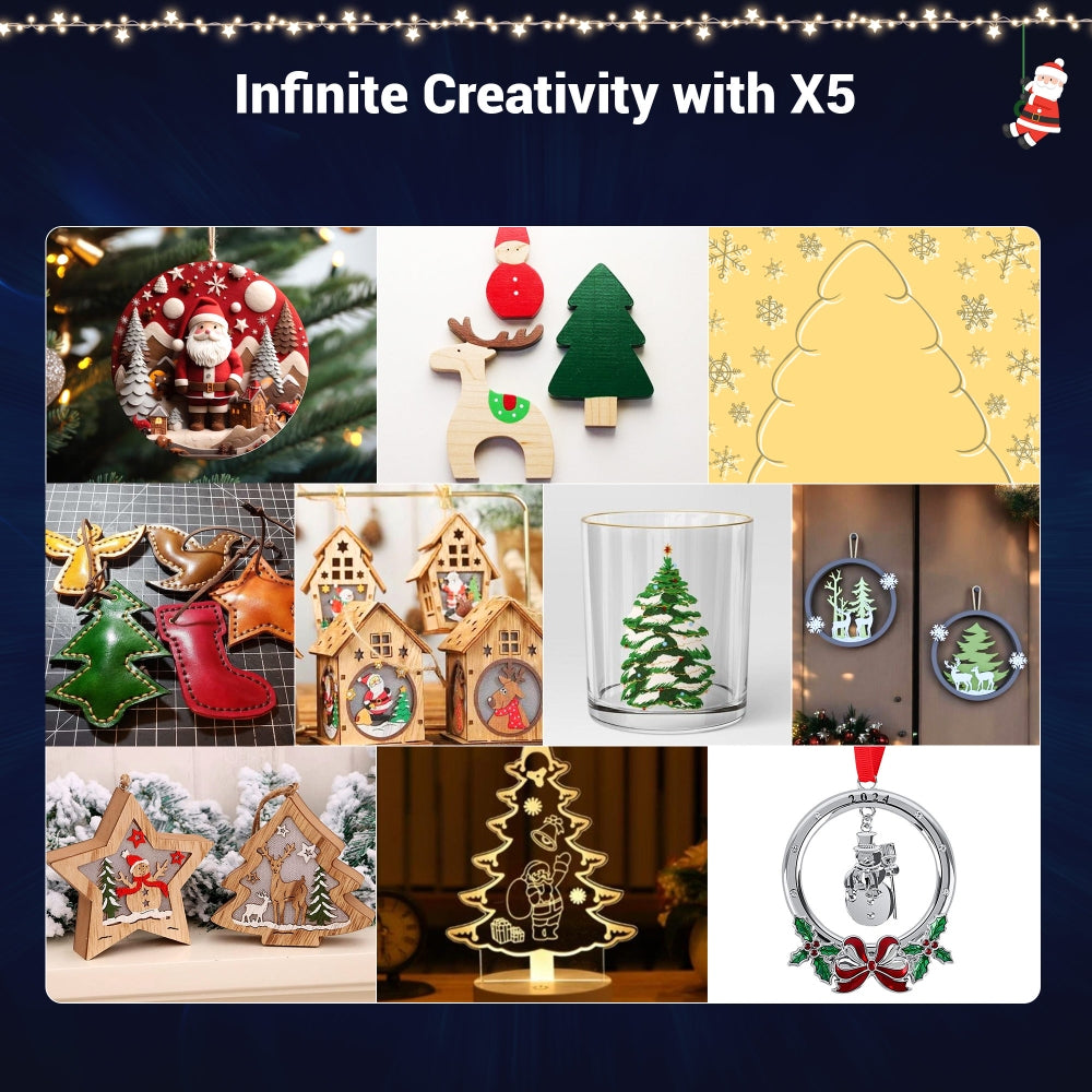 Laserová gravírka a řezačka Mecpow X5, výkon laseru 22 W, automatická vzduchová asistence, laserový bod 0,08 x 0,1 mm, rychlost gravírování 28 000 mm/min, bezpečnostní zámek, nouzové zastavení, detekce plamene, offline gravírování, 600 x 600 mm