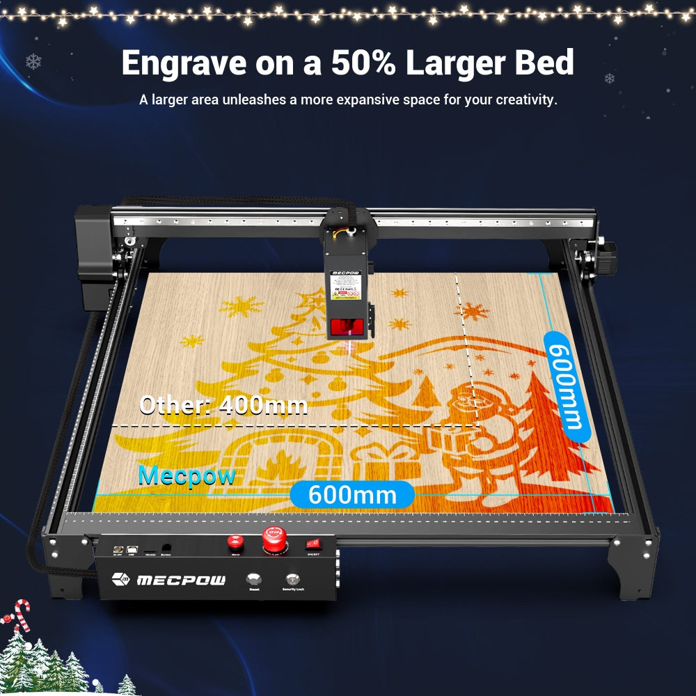 Laserová gravírka a řezačka Mecpow X5, výkon laseru 22 W, automatická vzduchová asistence, laserový bod 0,08 x 0,1 mm, rychlost gravírování 28 000 mm/min, bezpečnostní zámek, nouzové zastavení, detekce plamene, offline gravírování, 600 x 600 mm