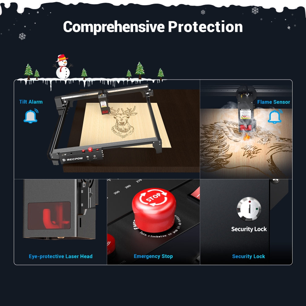 Laserová gravírka a řezačka Mecpow X5, výkon laseru 22 W, automatická vzduchová asistence, laserový bod 0,08 x 0,1 mm, rychlost gravírování 28 000 mm/min, bezpečnostní zámek, nouzové zastavení, detekce plamene, offline gravírování, 600 x 600 mm