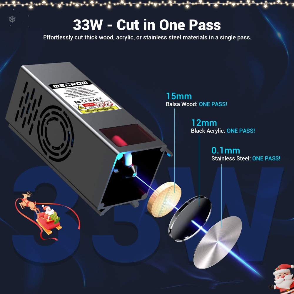 Laserová gravírka/řezačka Mecpow X5 Pro, výkon laseru 33 W, automatická vzduchová asistence, laserový bod 0,08 x 0,1 mm, rychlost gravírování 28 000 mm/min, bezpečnostní zámek, nouzové zastavení, detekce plamene, offline gravírování, 600 x 600 mm