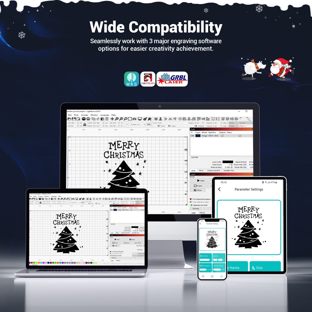 Laserová gravírka/řezačka Mecpow X5 Pro, výkon laseru 33 W, automatická vzduchová asistence, laserový bod 0,08 x 0,1 mm, rychlost gravírování 28 000 mm/min, bezpečnostní zámek, nouzové zastavení, detekce plamene, offline gravírování, 600 x 600 mm