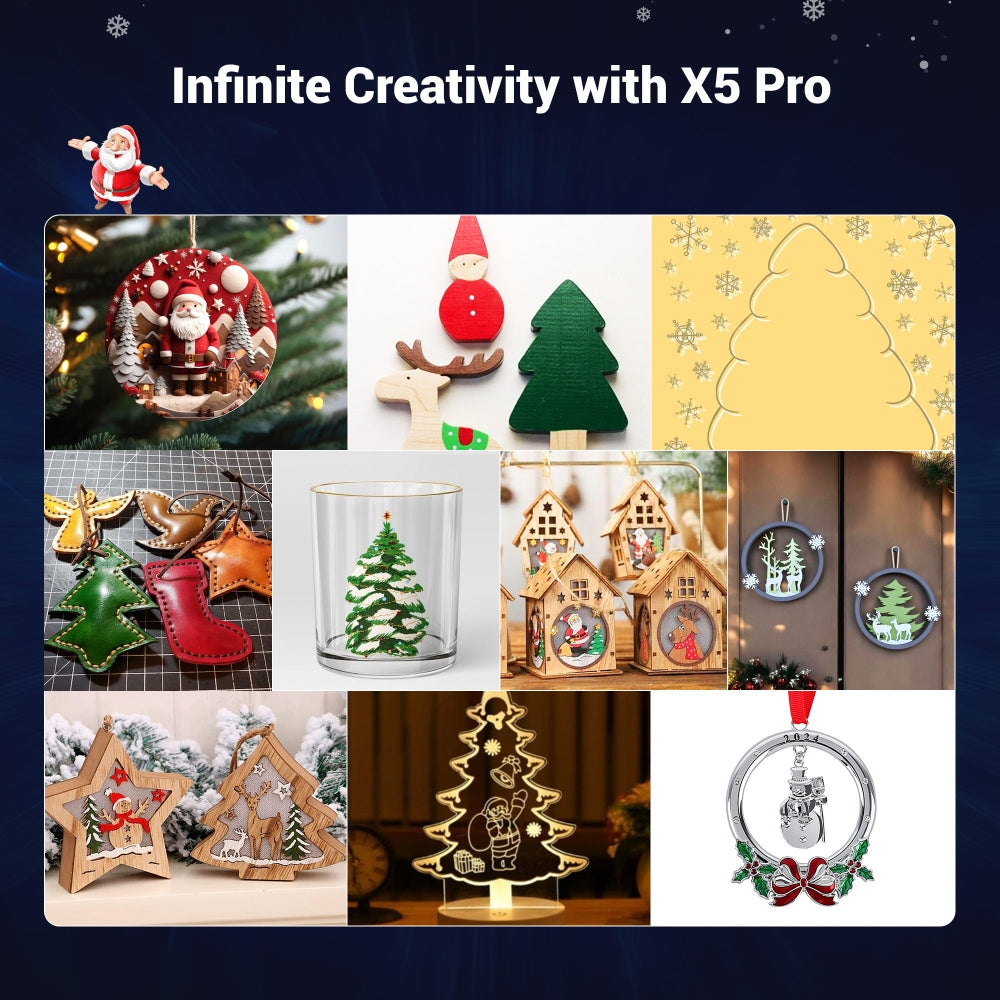 Laserová gravírka/řezačka Mecpow X5 Pro, výkon laseru 33 W, automatická vzduchová asistence, laserový bod 0,08 x 0,1 mm, rychlost gravírování 28 000 mm/min, bezpečnostní zámek, nouzové zastavení, detekce plamene, offline gravírování, 600 x 600 mm