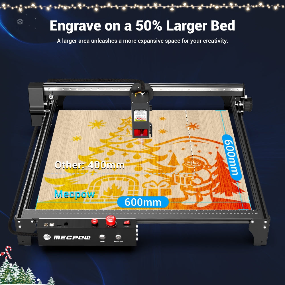 Laserová gravírka/řezačka Mecpow X5 Pro, výkon laseru 33 W, automatická vzduchová asistence, laserový bod 0,08 x 0,1 mm, rychlost gravírování 28 000 mm/min, bezpečnostní zámek, nouzové zastavení, detekce plamene, offline gravírování, 600 x 600 mm