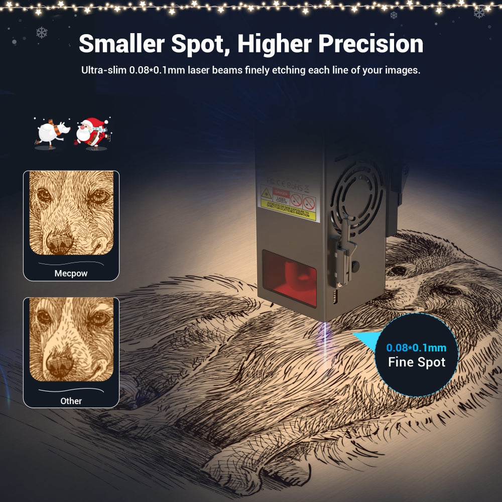 Laserová gravírka/řezačka Mecpow X5 Pro, výkon laseru 33 W, automatická vzduchová asistence, laserový bod 0,08 x 0,1 mm, rychlost gravírování 28 000 mm/min, bezpečnostní zámek, nouzové zastavení, detekce plamene, offline gravírování, 600 x 600 mm