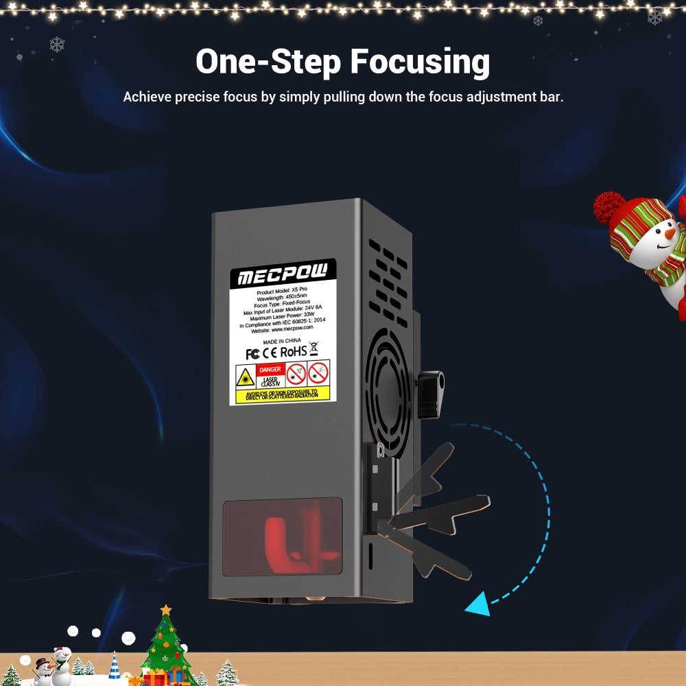 Laserová gravírka/řezačka Mecpow X5 Pro, výkon laseru 33 W, automatická vzduchová asistence, laserový bod 0,08 x 0,1 mm, rychlost gravírování 28 000 mm/min, bezpečnostní zámek, nouzové zastavení, detekce plamene, offline gravírování, 600 x 600 mm