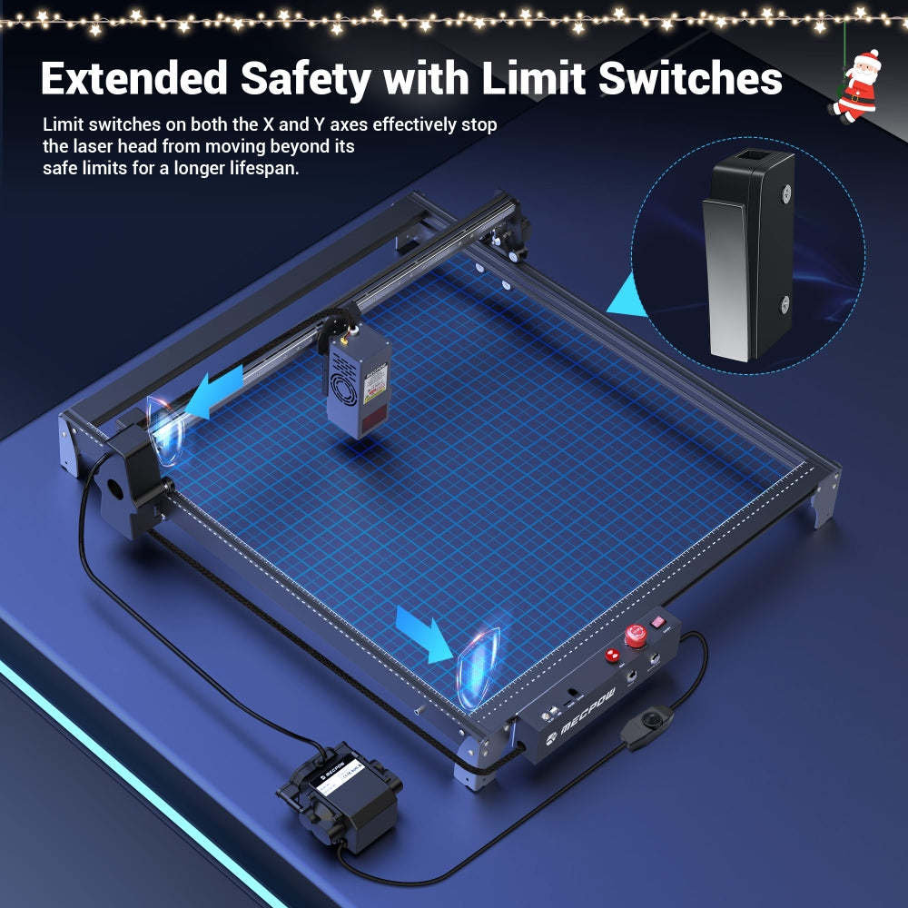 Laserová gravírka/řezačka Mecpow X5 Pro, výkon laseru 33 W, automatická vzduchová asistence, laserový bod 0,08 x 0,1 mm, rychlost gravírování 28 000 mm/min, bezpečnostní zámek, nouzové zastavení, detekce plamene, offline gravírování, 600 x 600 mm