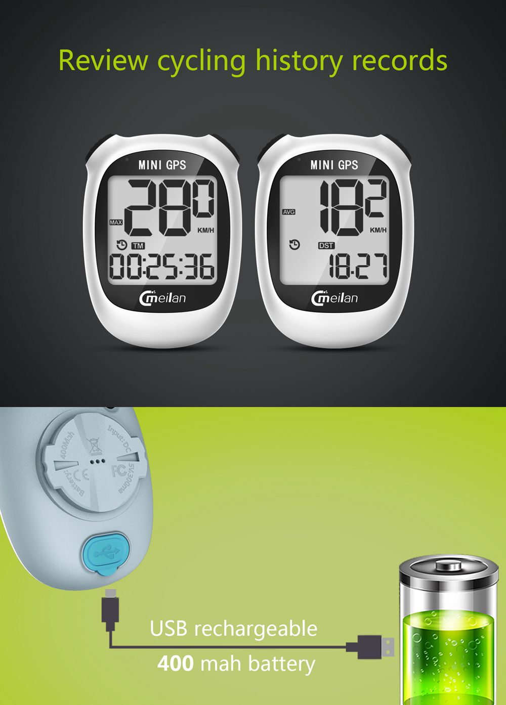 Meilan M3 Mini GPS Cyklocomputer Voděodolný Rychloměr Počítadlo kilometrů 1,6 palcový monochromatický displej - bílý