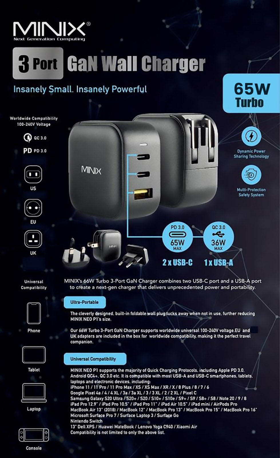 Rychlonabíječka MINIX P1 GaN s maximálním výstupem 65 W, 1 port USB-A, 2 porty USB-C